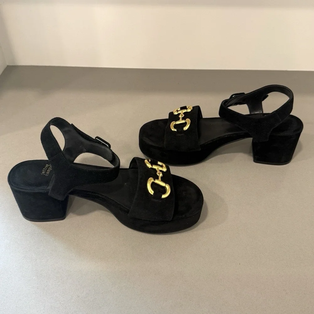 Jeffrey Campbell Timeless 2 Platform Sandals 9.5 Black Suede Retro Chic Chunky